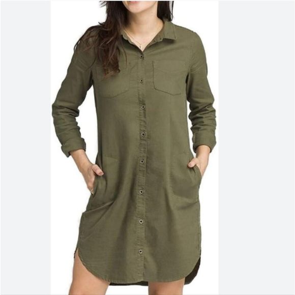 Prana Yarrow Army Green Button Down ShirtDress Solid Organic Cotton Size… - Picture 1 of 8